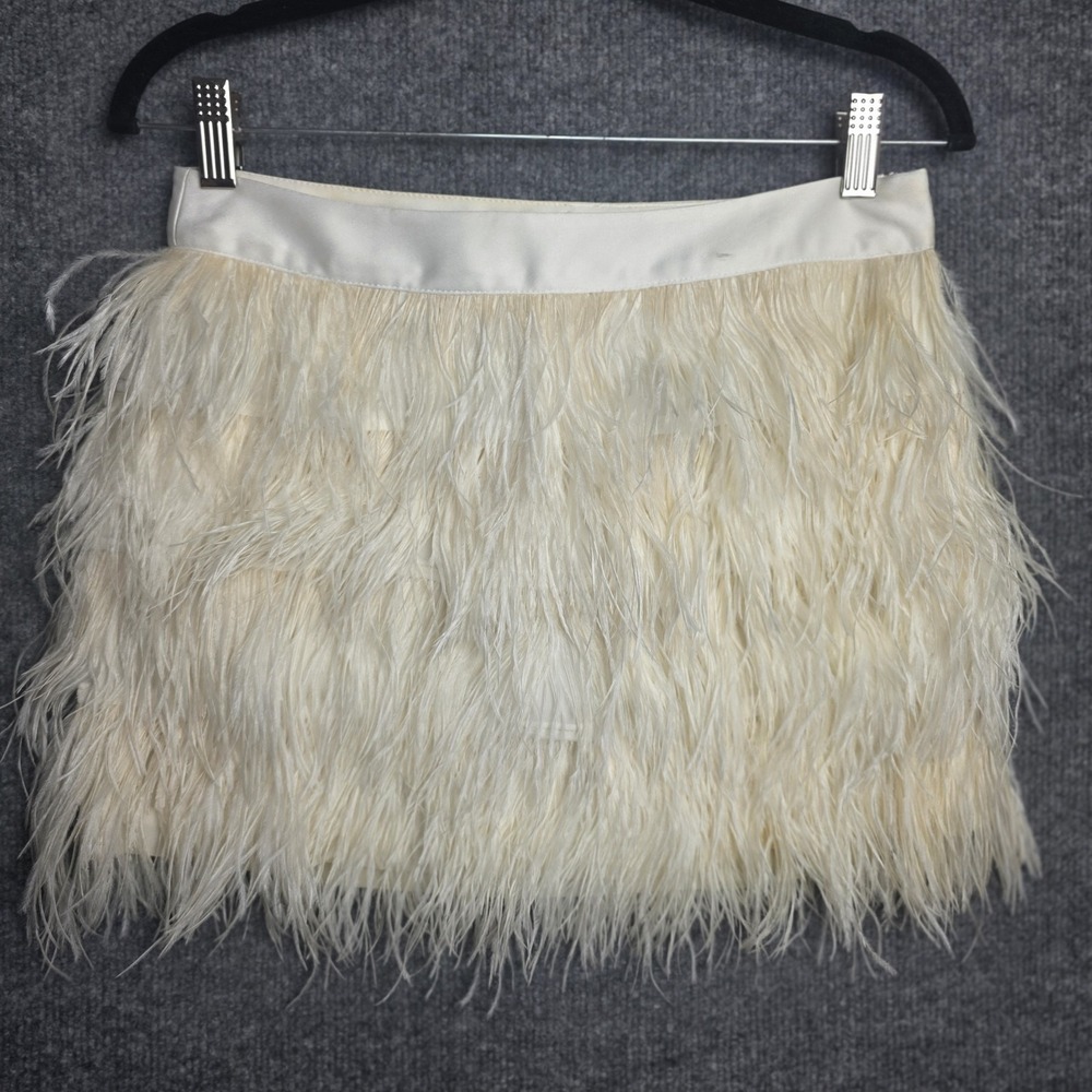 EXPRESS Ostrich Feather Mini Skirt SZ 2 Ivory Cream Y2K Party Glam Statement